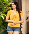 Front Bow Vneck Puffed Sleeve Mustard Top